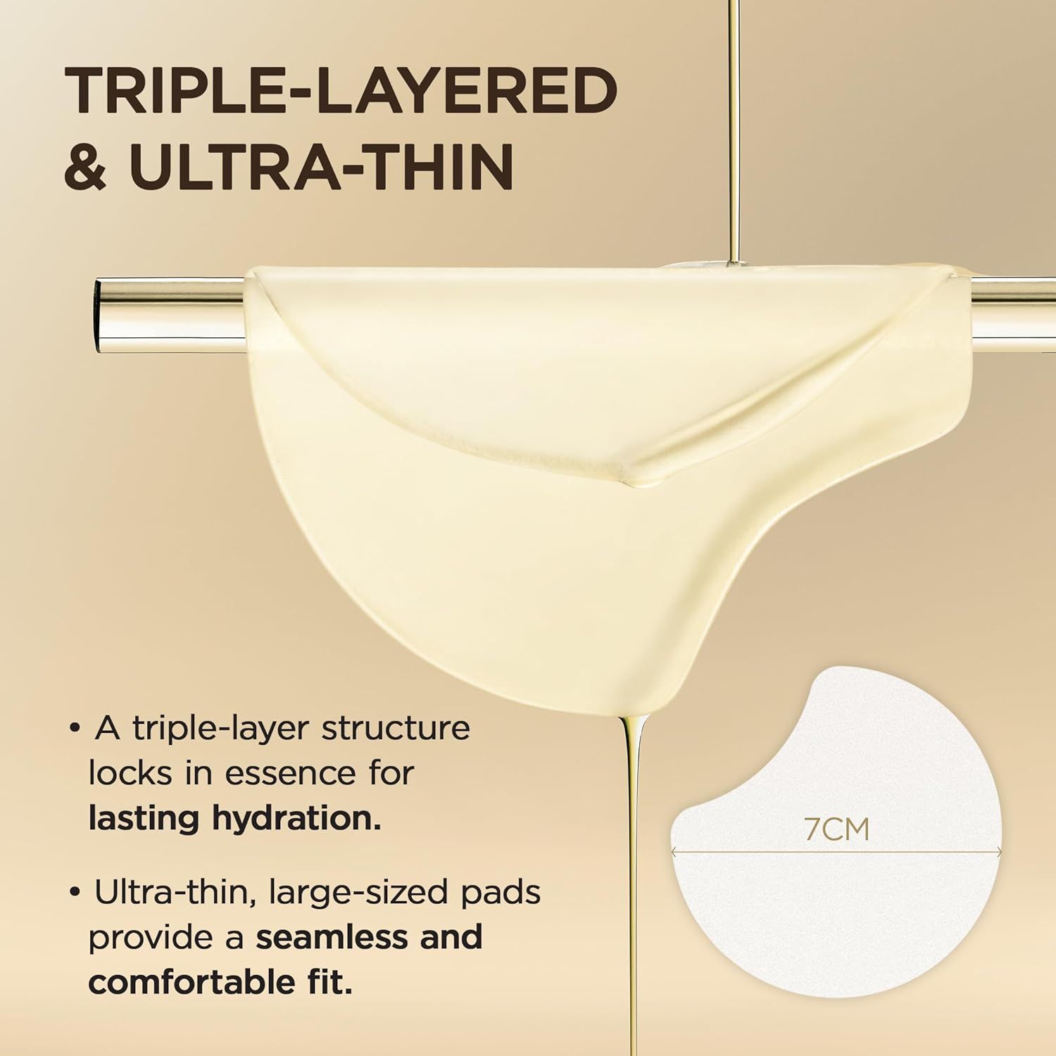 Toner pad. Testo: Triple-layered & Ultra-thin. 7cm. Una struttura a tre strati blocca l'essenza. Pad ultra-sottili e grandi.