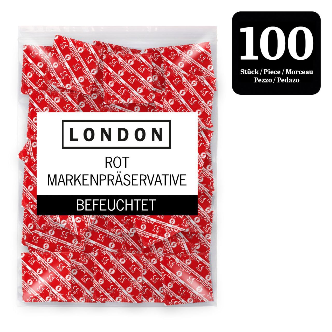 Confezione da 100 preservativi London Rot, rossi, lubrificati, con sigillo CE.