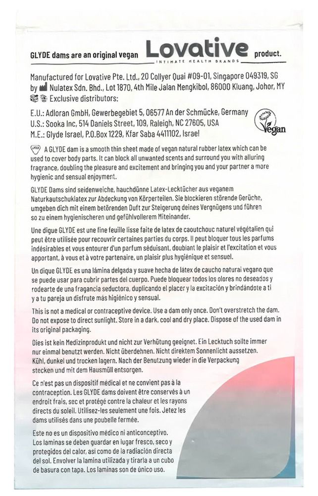 Testo su sfondo bianco. Informazioni su GLYDE DAMS, ingredienti, produttore e istruzioni per l'uso.