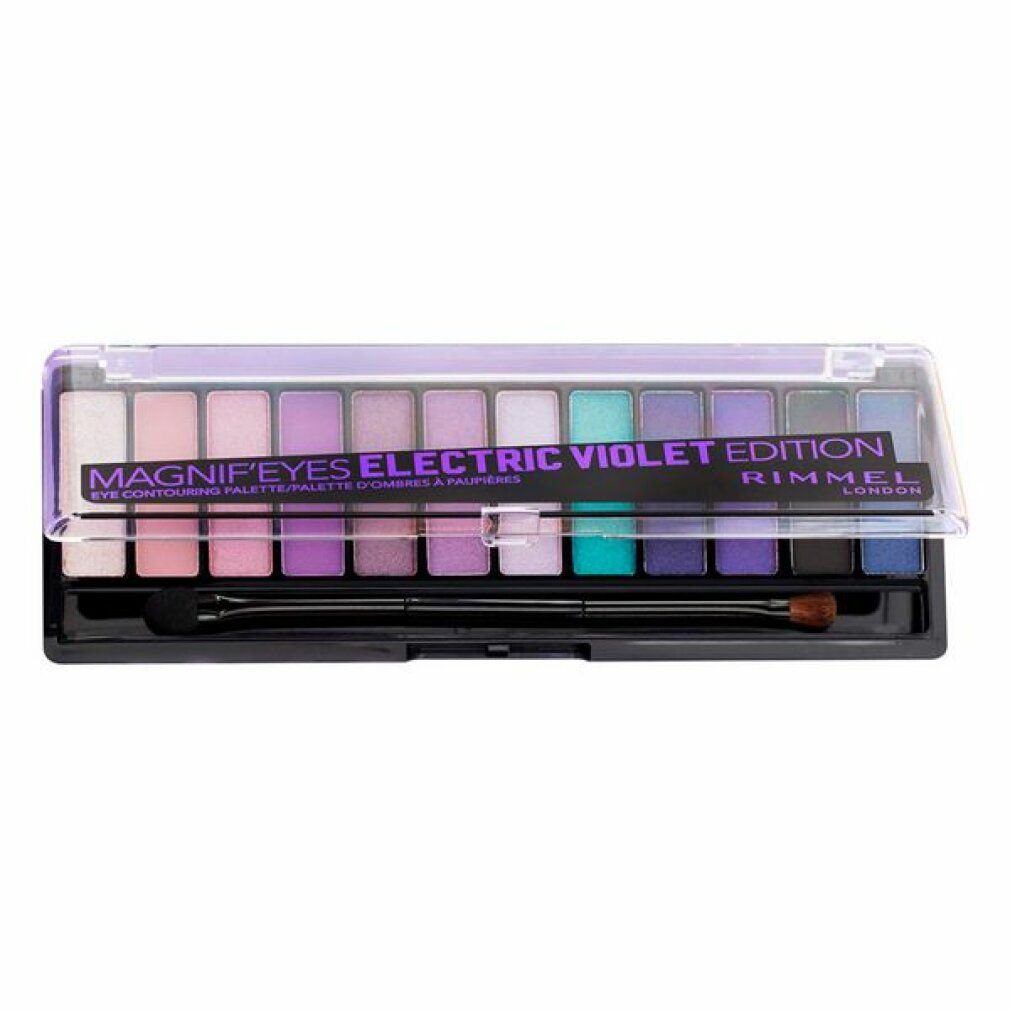 Palette ombretti Rimmel Magnif'eyes Electric Violet Edition. 12 tonalità, pennello. Confezione trasparente.