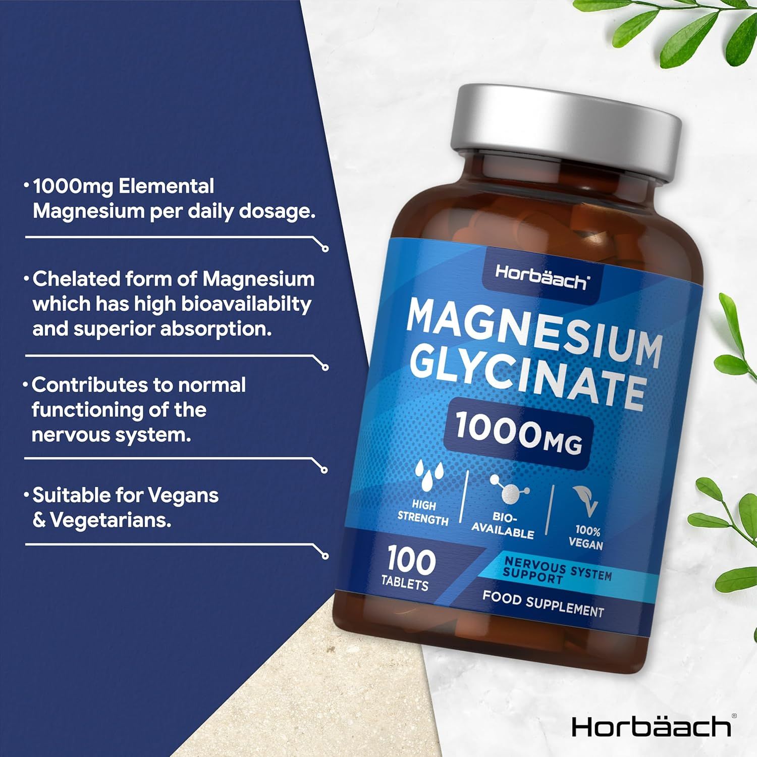 Flacone marrone con etichetta blu. Magnesium Glycinate 1000mg, 100 compresse. Vegano, biodisponibile. Testo accanto.
