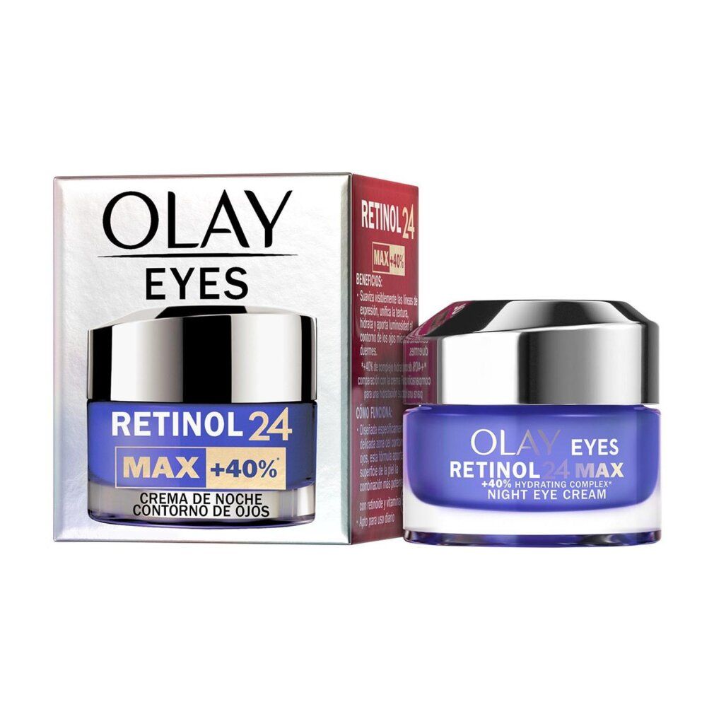 Vasetto di crema e confezione. Scritta: Olay Eyes Retinol 24 Max Night Eye Cream. Confezione con testo.