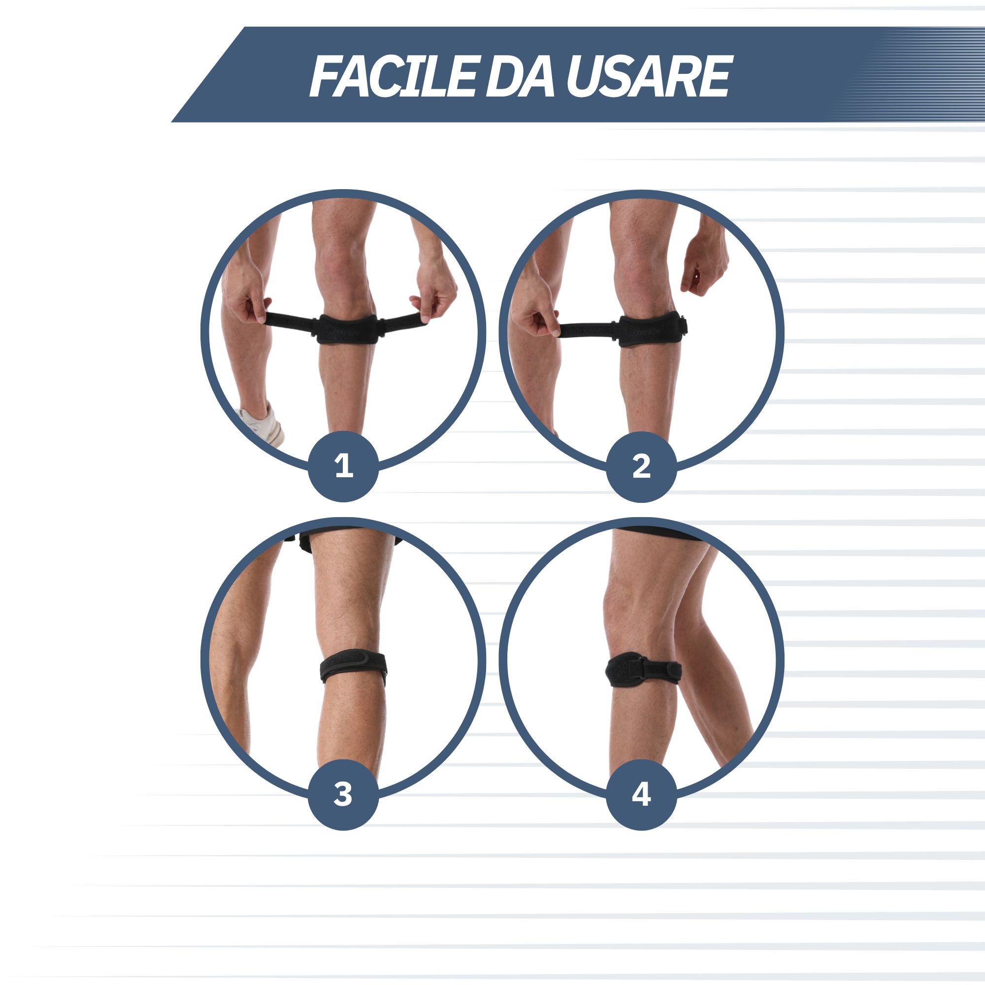 Ginocchiera nera con anello in silicone, quattro stecche, traspirante.