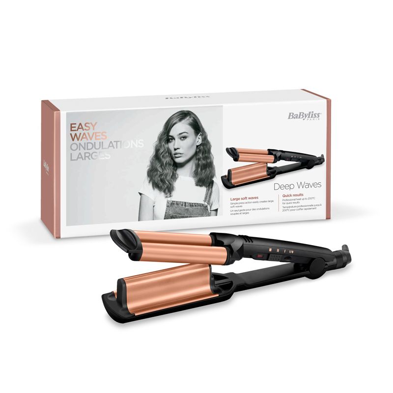 Ferro arricciacapelli Babyliss. Corpo nero, piastre ondulate color rame. Prodotto e confezione. Scritta: Easy Waves.