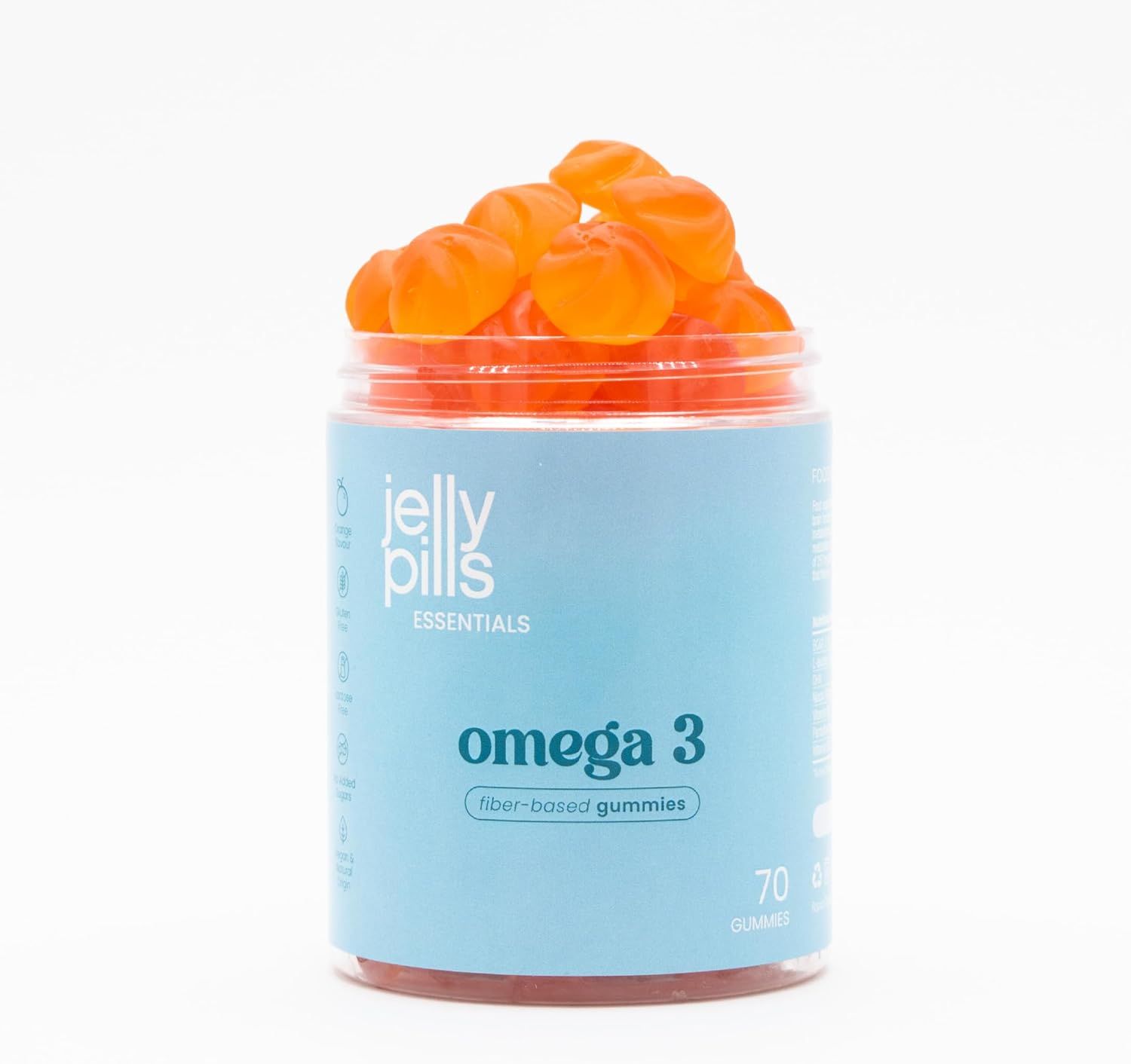 Barattolo di Omega 3 Gummies. Scritta: Jelly Pills Essentials, 70 gummies. Gummies a base di fibre.