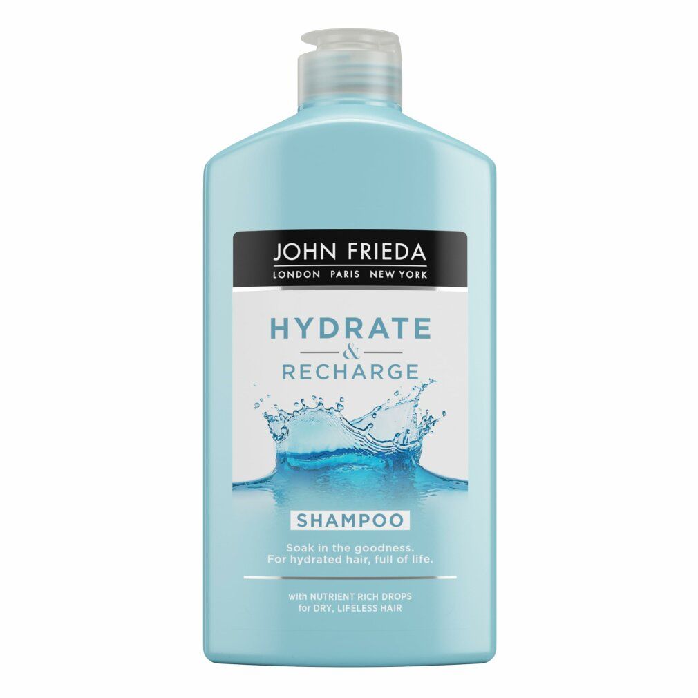 Flacone azzurro John Frieda Hydrate & Recharge Shampoo. Etichetta con grafica d'acqua. Scritta: Shampoo.
