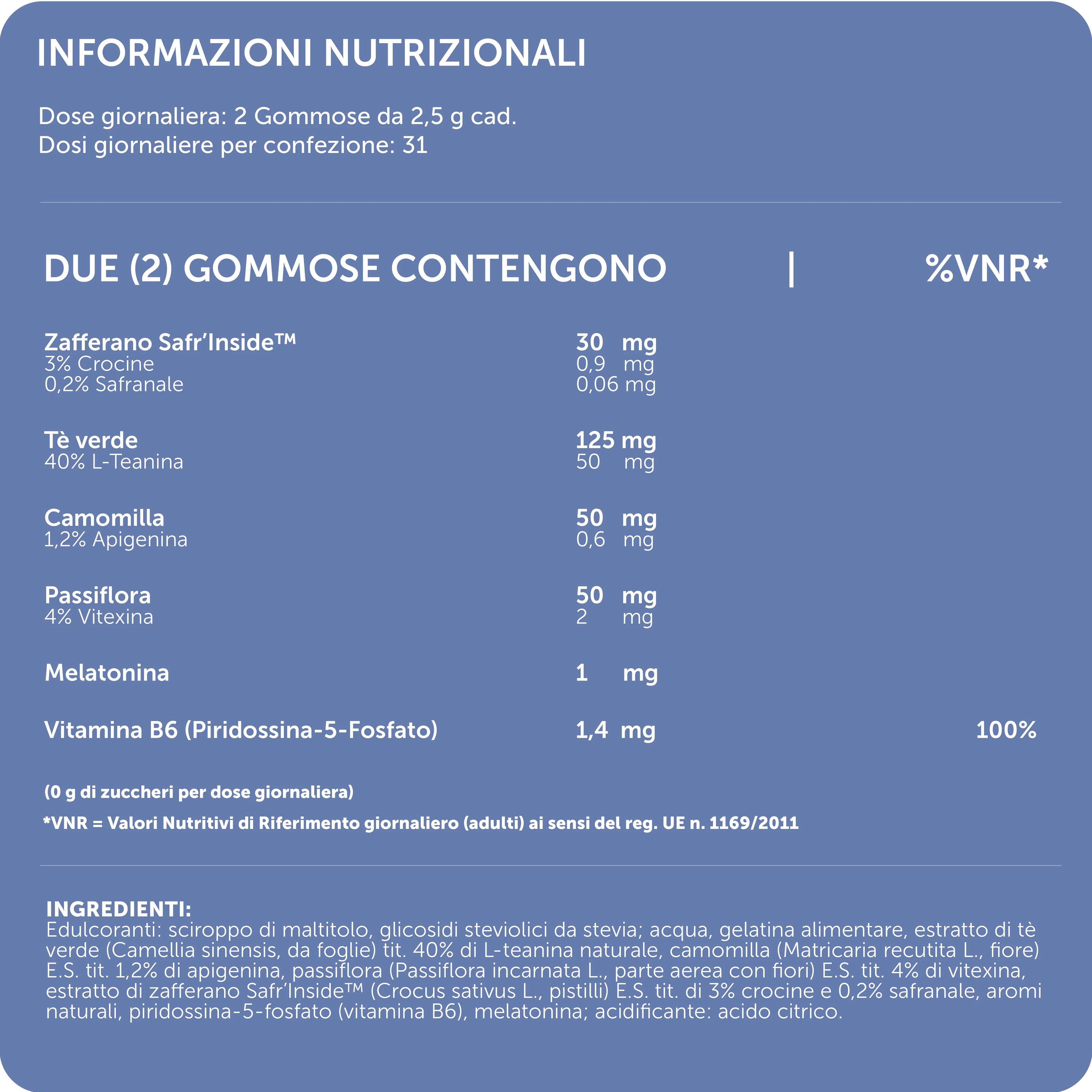 Informazioni nutrizionali. Elenco ingredienti e valori nutrizionali per porzione.
