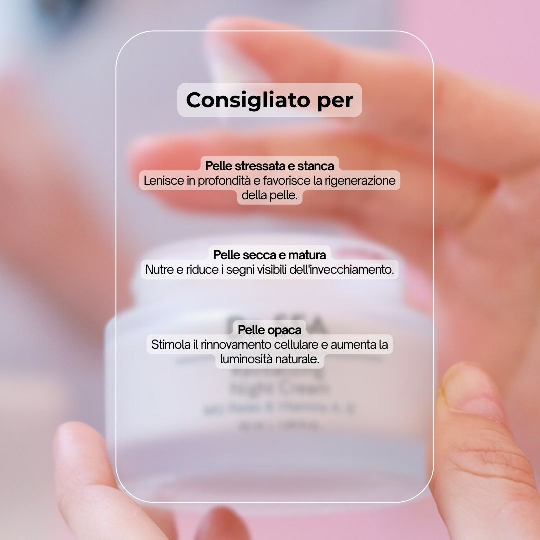 Vaso di crema in mano. Testo: Consigliato per pelli stressate, secche e spente.