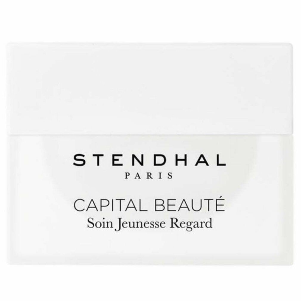 Vasetto bianco con coperchio. Scritta: STENDHAL PARIS, CAPITAL BEAUTÉ Soin Jeunesse Regard.