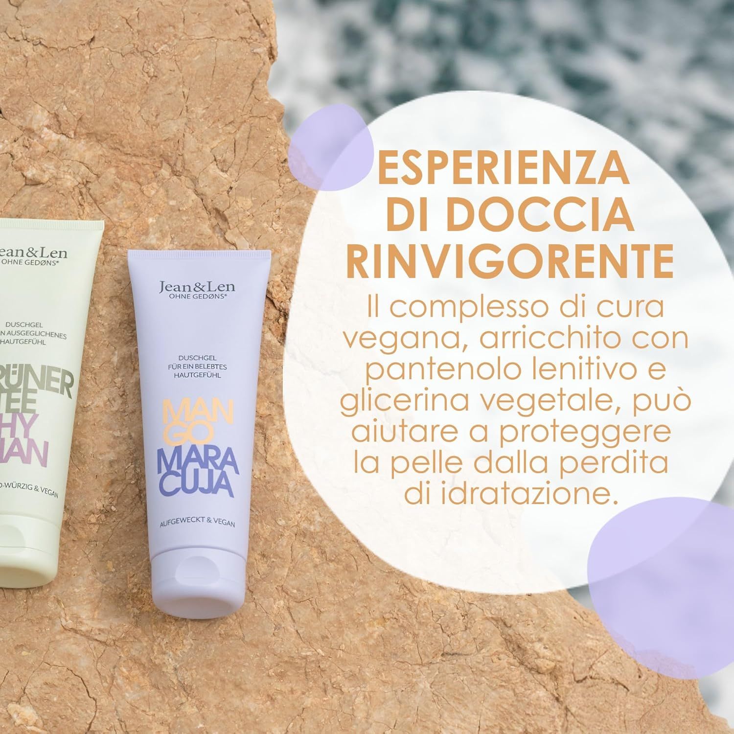 Due tubi di gel doccia, Mango & Maracuja. Testo: Esperienza doccia rinvigorente. Il complesso di cura vegana... può aiutare a proteggere la pelle dalla perdita di idratazione.