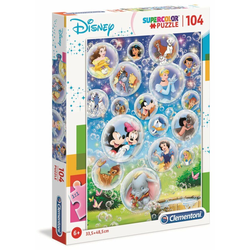 Puzzle Clementoni, 104 pezzi, personaggi Disney in bolle di sapone. Confezione mostra il motivo del puzzle, logo Disney, età consigliata 6+ e dimensioni.