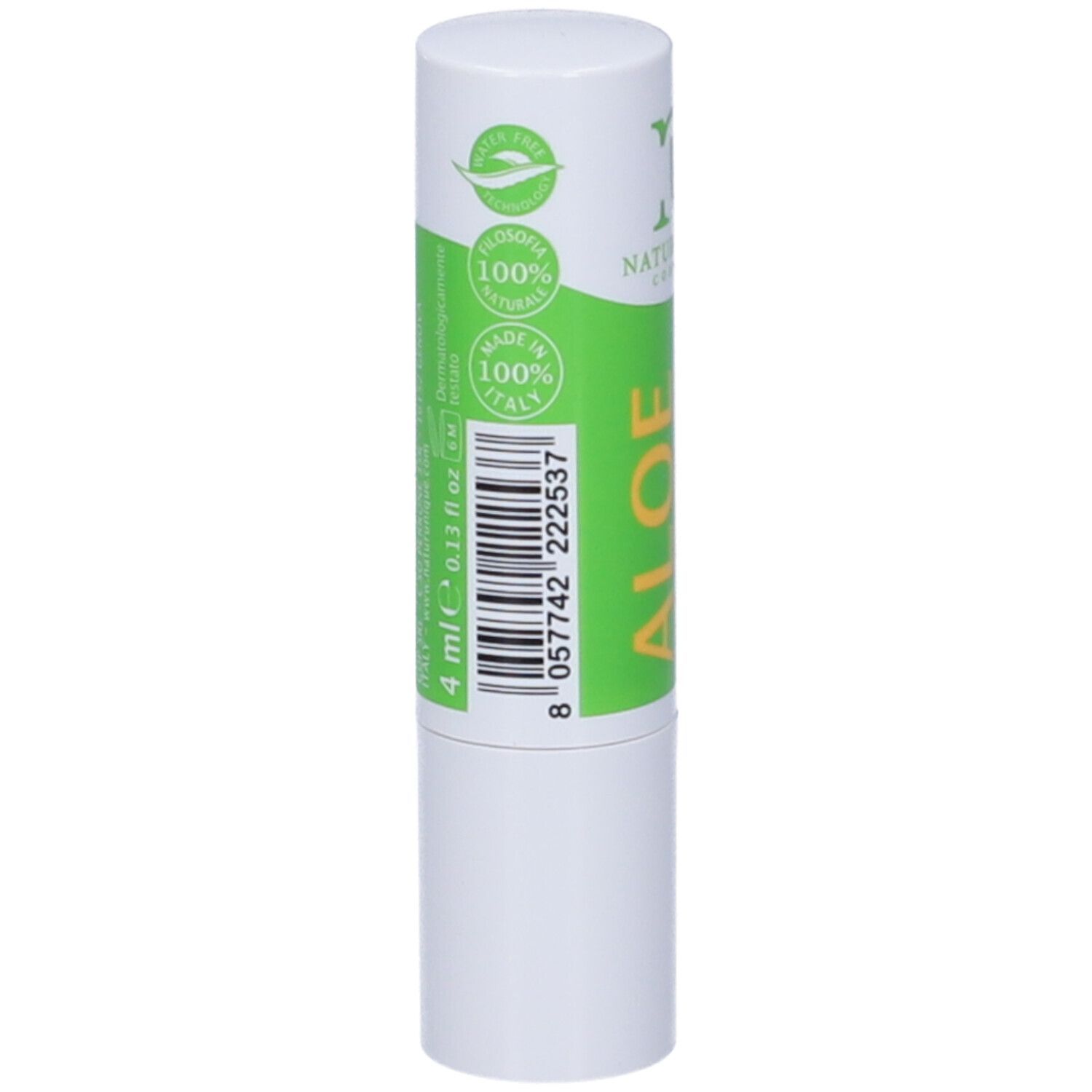 Stick labbra bianco con testo verde. Scritta: Aloe, 4 ml, 100% Made in Italy. Codice a barre.