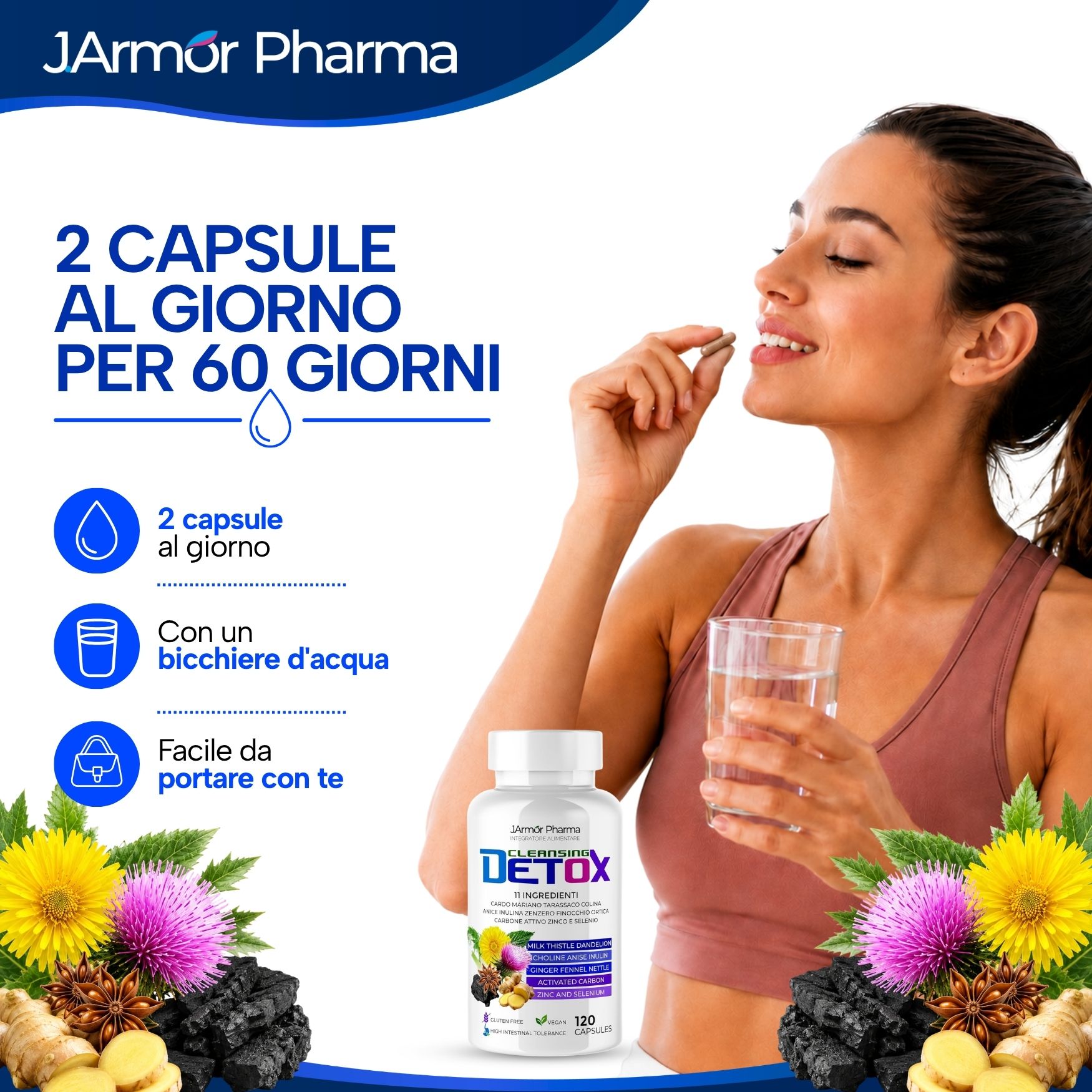 Donna che assume una capsula, accanto a una bottiglia da 120 capsule ed erbe.