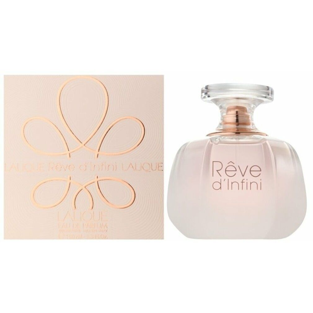 Flacone di profumo e confezione. Flacone con contenuto rosa, tappo dorato. Confezione con testo.