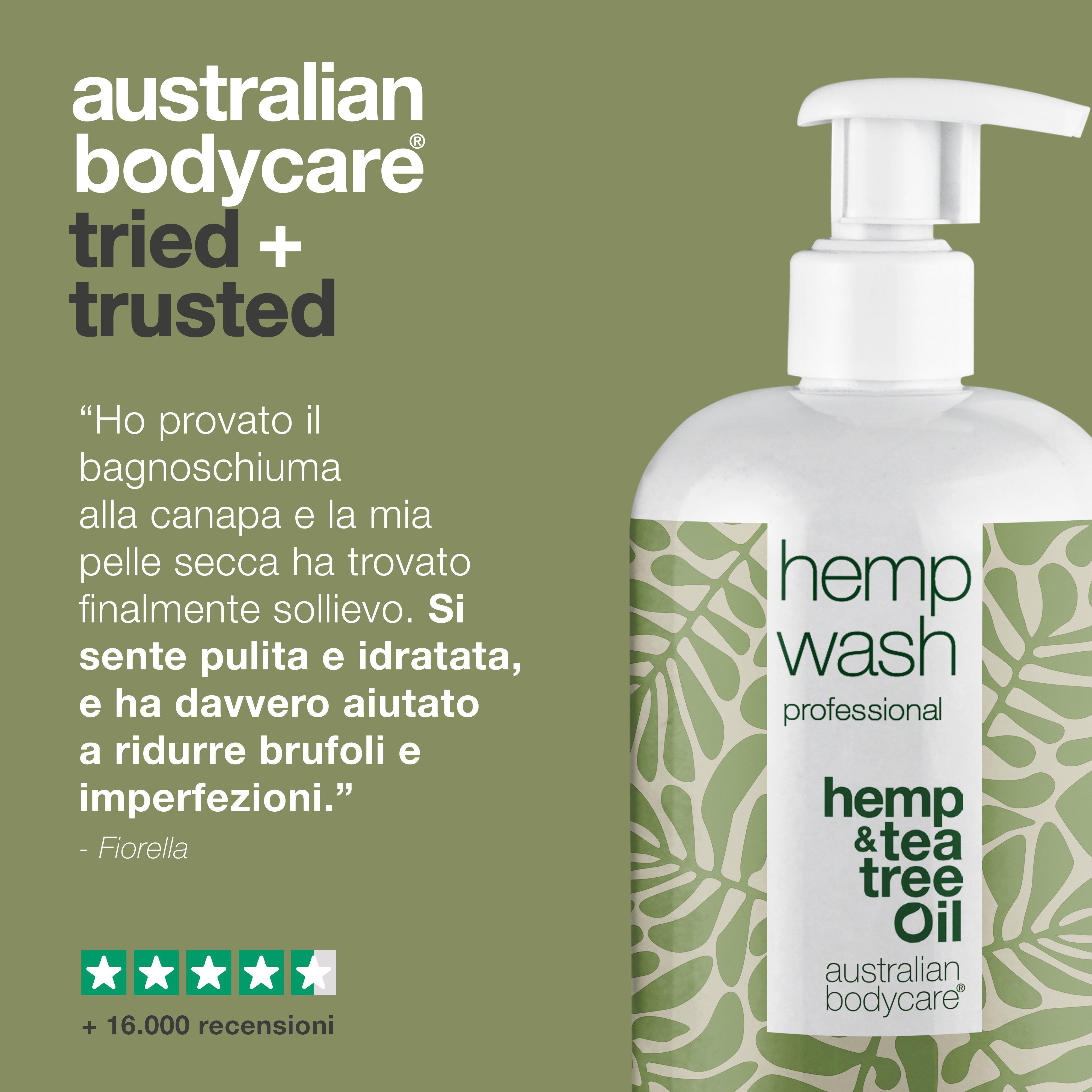 Prodotto accanto al testo: testimonianza, gel doccia alla canapa lenisce la pelle secca, deterge, aiuta contro le imperfezioni, 5 stelle.