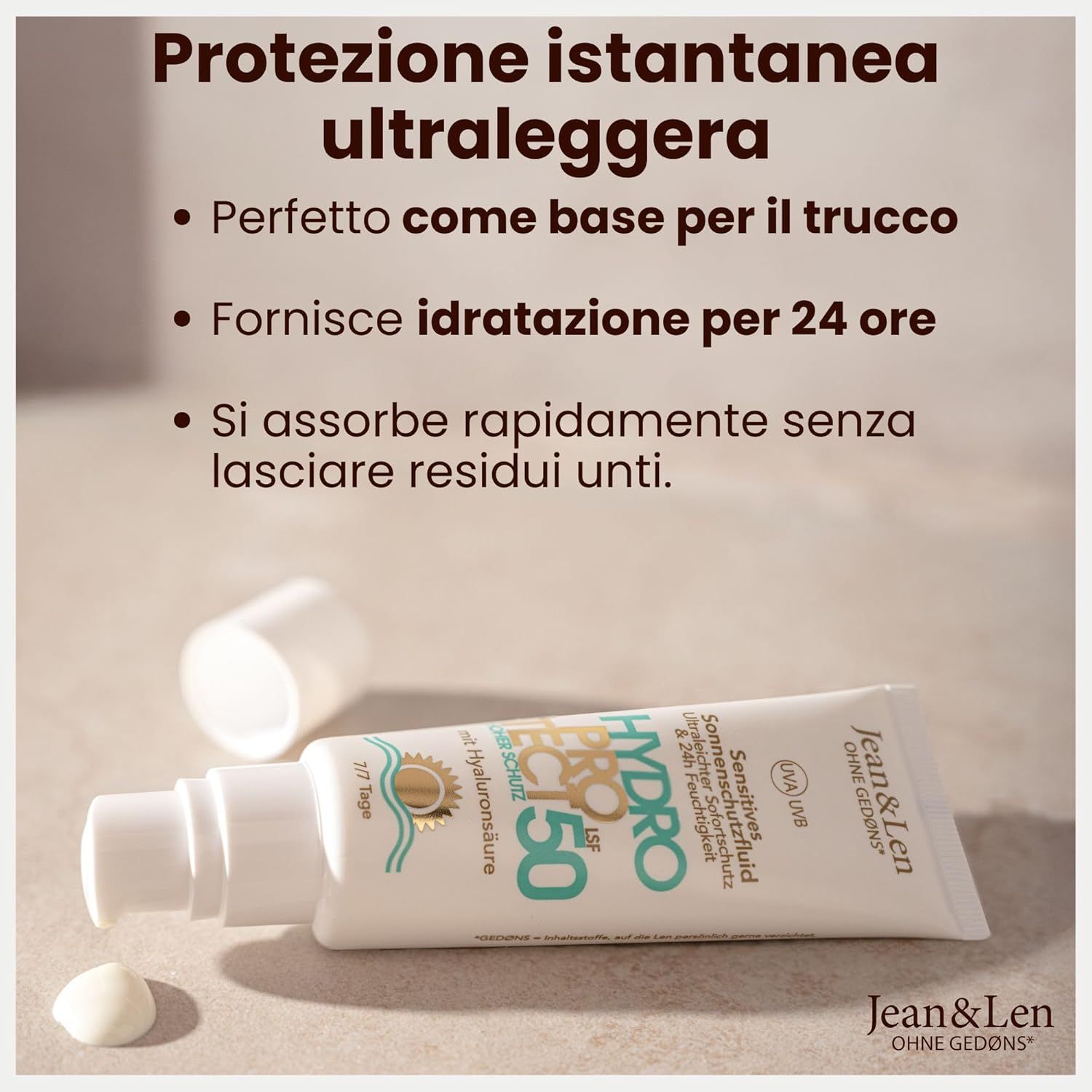 Tubo Jean & Len Sensitiv Sonnenschutzfluid LSF 50, tappo accanto. Testo: Hydro Protect, LSF 50, acido ialuronico. Su sfondo chiaro.