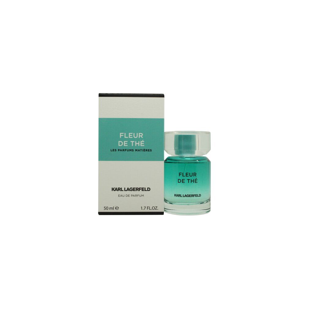 Flacone e confezione Karl Lagerfeld Fleur de Thé Eau de Parfum. Flacone blu, scatola bianca con scritte verdi.