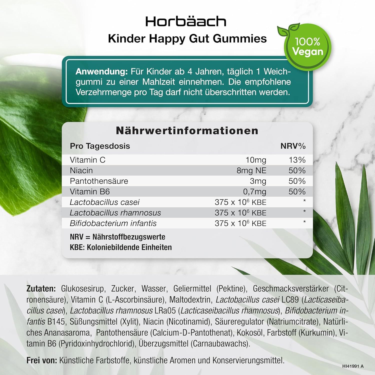 Tabella nutrizionale. Informazioni su vitamina C, niacina, acido pantotenico, vitamina B6, Lactobacillus casei, rhamnosus, Bifidobacterium infantis.