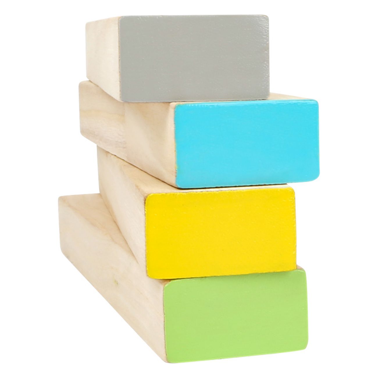 Quattro blocchi di legno verniciati. Colori: grigio, blu, giallo, verde. Blocchi impilati.