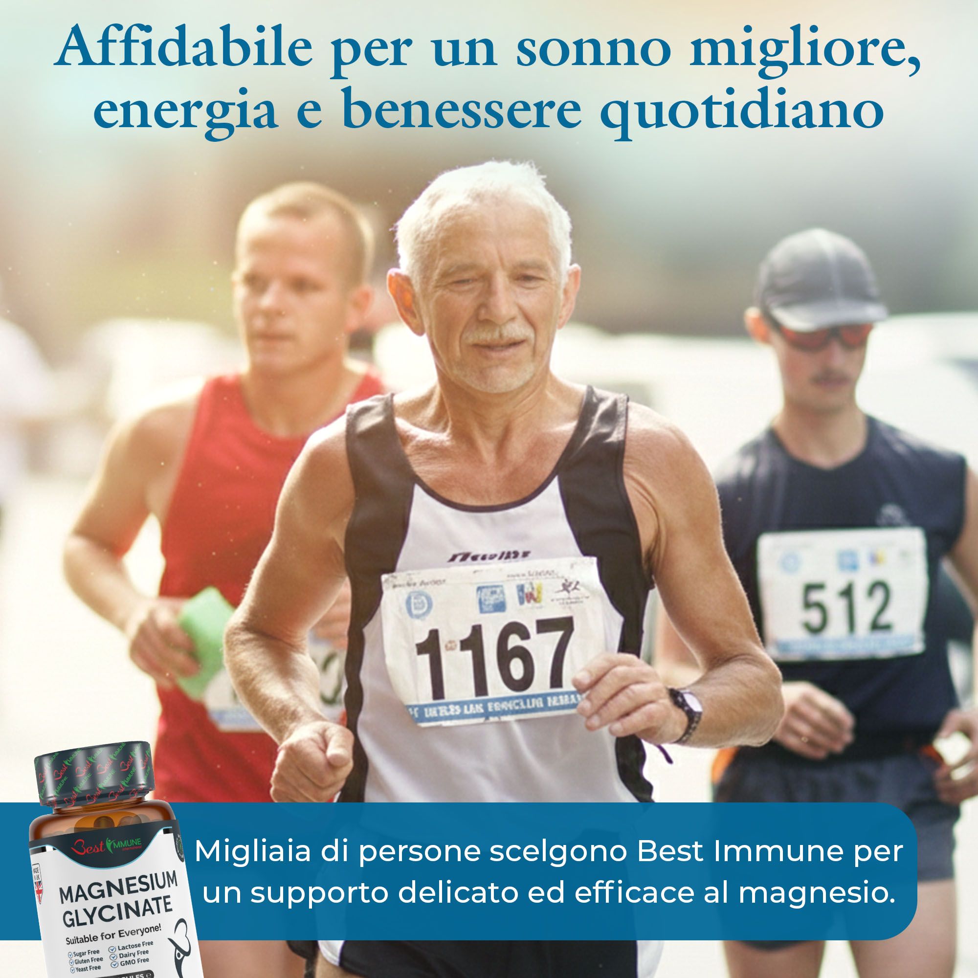 Corridori con pettorali. Magnesio glicinato per energia e benessere. Migliaia scelgono Best Immune.