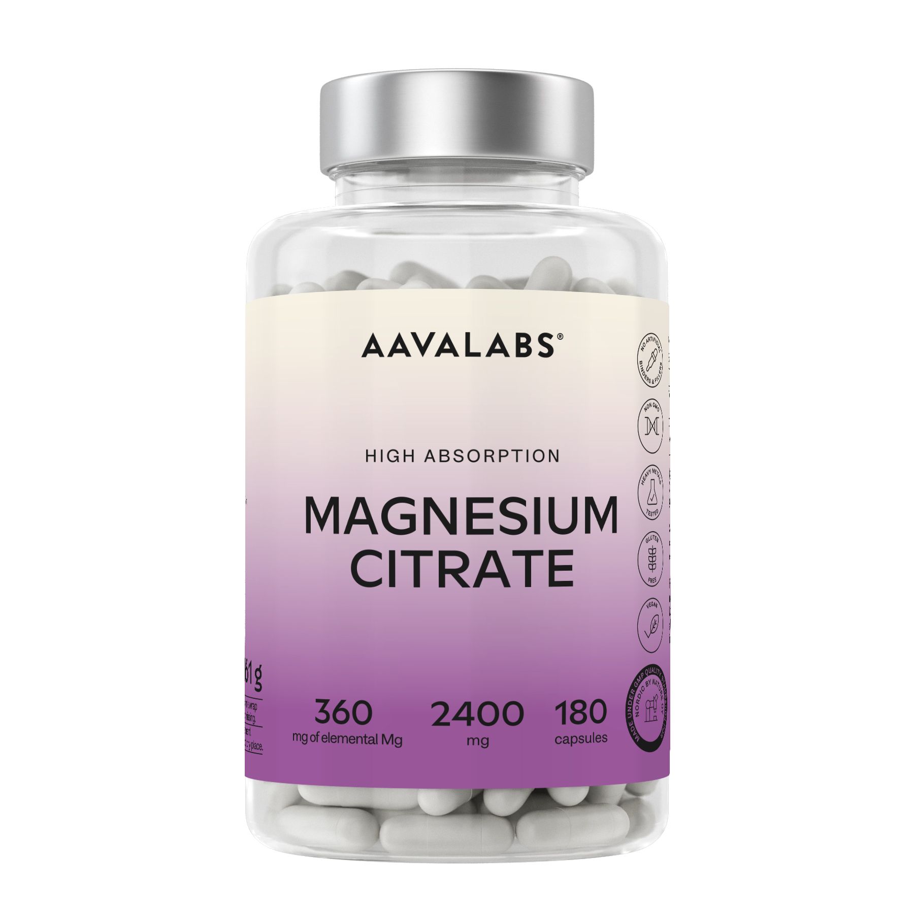 Capsule in bottiglia trasparente. Scritta: Magnesium Citrate. 180 capsule. Marchio: AAVALABS.