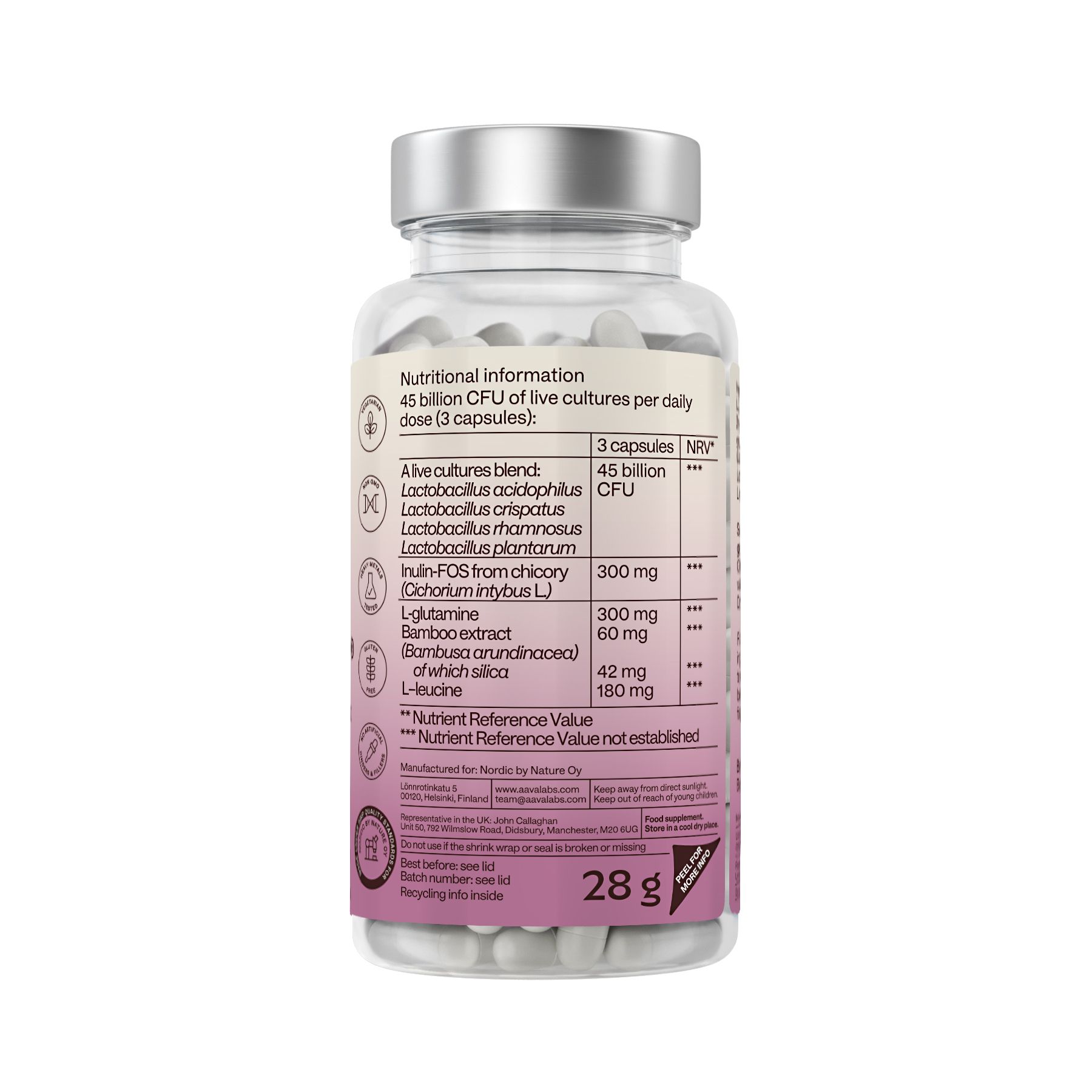 Aavalabs Women's Probiolac. Retro della bottiglia. Informazioni nutrizionali. 45 mld CFU. Ingredienti. 28g.