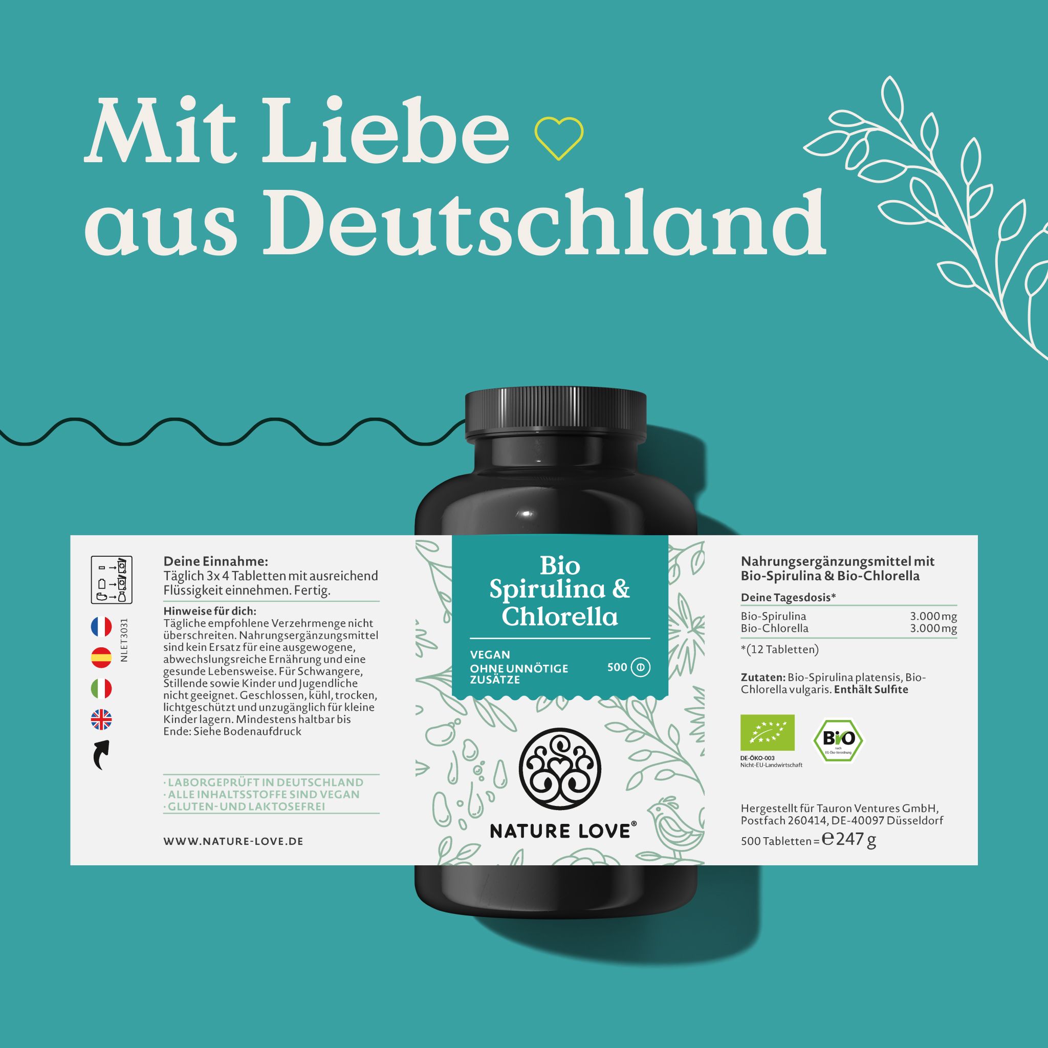 Flacone Bio Spirulina & Chlorella con etichetta. Testo: Integratore alimentare con Bio-Spirulina & Bio-Clorella. Logo: NATURE LOVE®. 100 compresse.