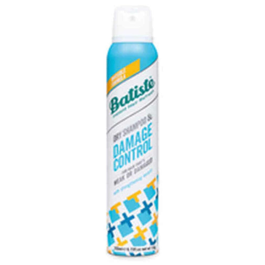 Batiste Dry Shampoo & Damage Control. Flacone spray blu con tappo bianco. Testo: Per capelli deboli o danneggiati.