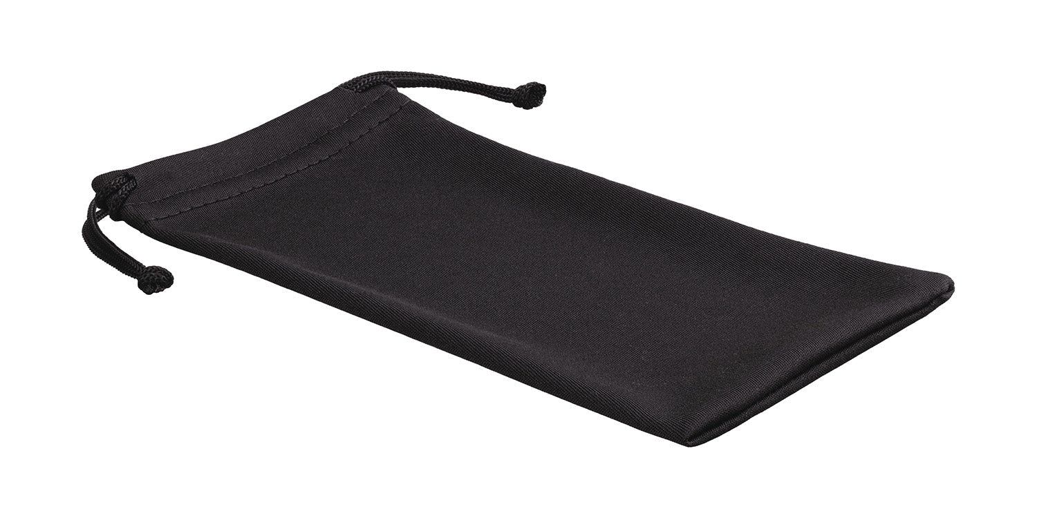 Custodia in microfibra nera con coulisse. Inclinata, leggermente aperta.