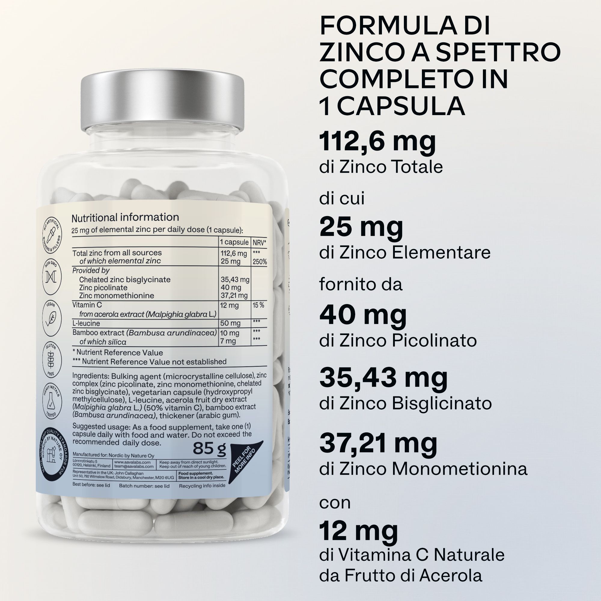 Aavalabs Triple Zinc: Formula di zinco a spettro completo, 112,6mg zinco, 12mg Vitamina C.