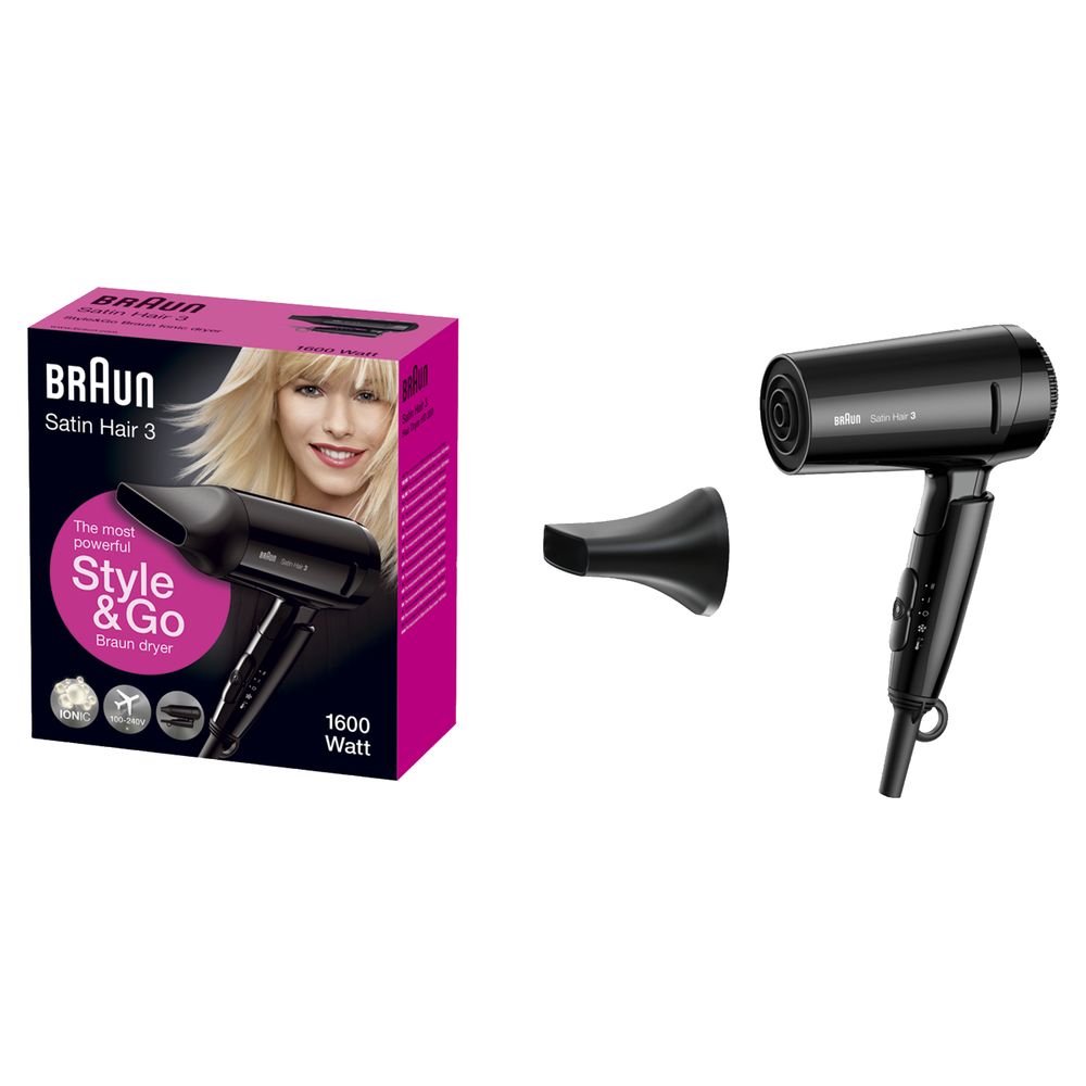 Asciugacapelli Braun Satin Hair 3 e accessori. Confezione a sinistra, asciugacapelli e beccuccio a destra.