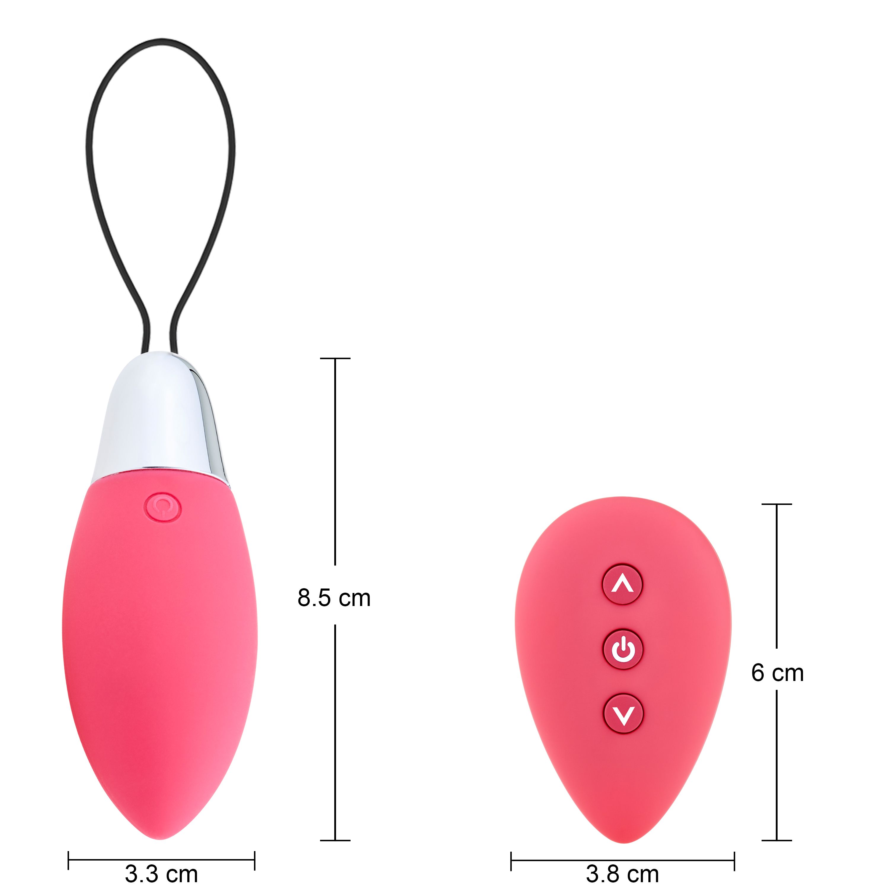 Vibratore rosa con anello nero, testa argentata e telecomando. Dimensioni: 8,5 cm x 3,3 cm e 6 cm x 3,8 cm.