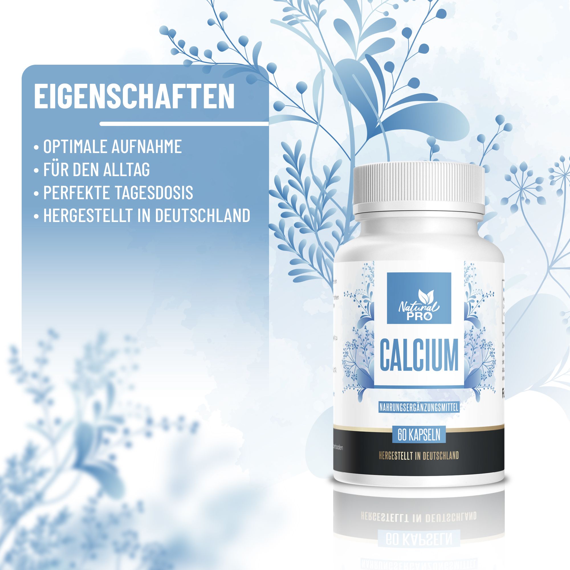 Flacone di pillole bianco con etichetta Natural Pro Calcium. Testo: 60 capsule. Caratteristiche elencate.