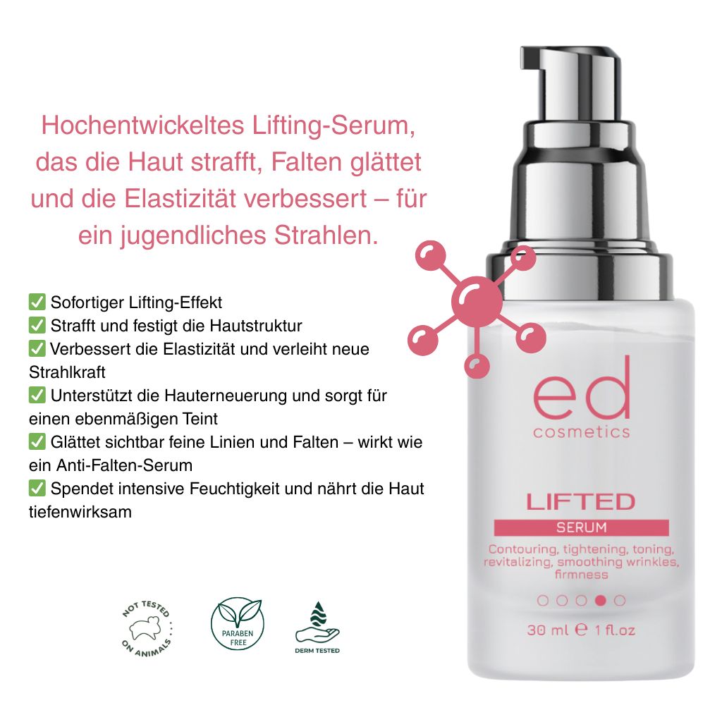 Flacone di siero con pompa. Testo: "ed cosmetics", "LIFTED Serum". Contiene informazioni sugli ingredienti.
