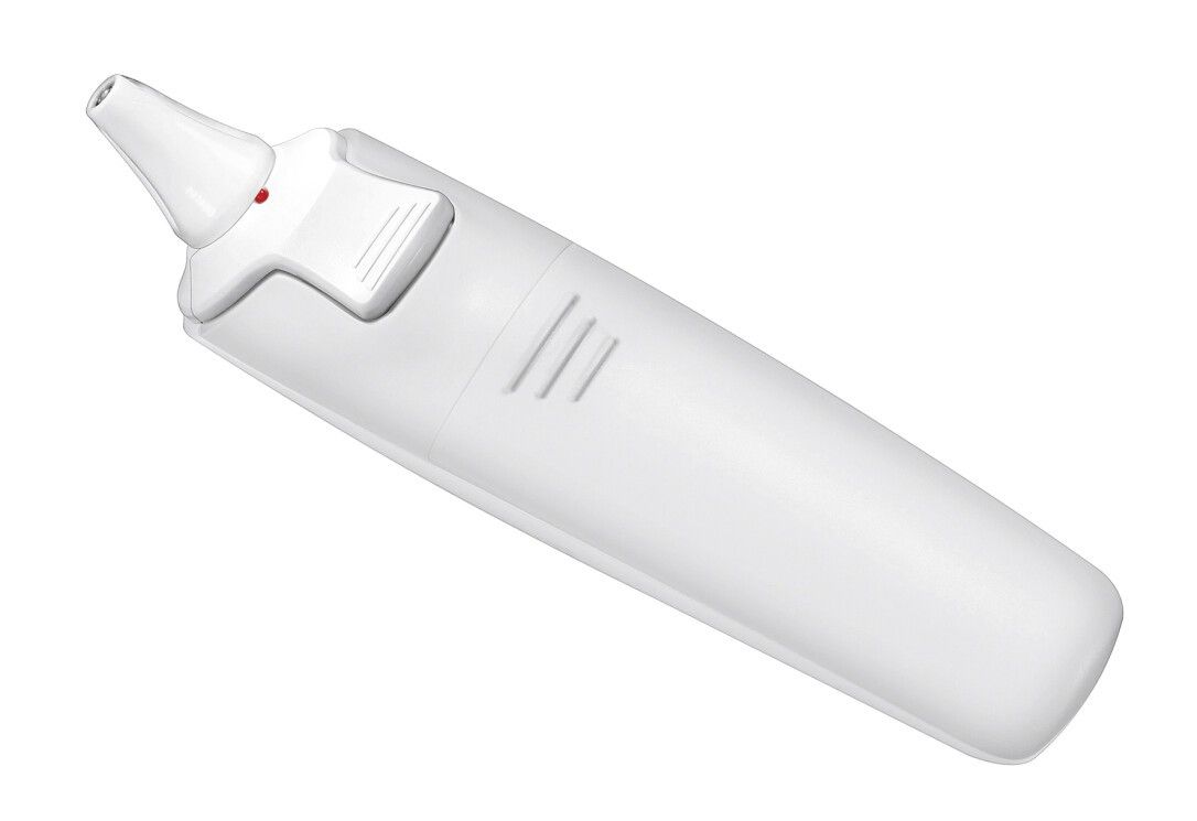 Termometro auricolare bianco. Punto rosso sulla parte superiore.