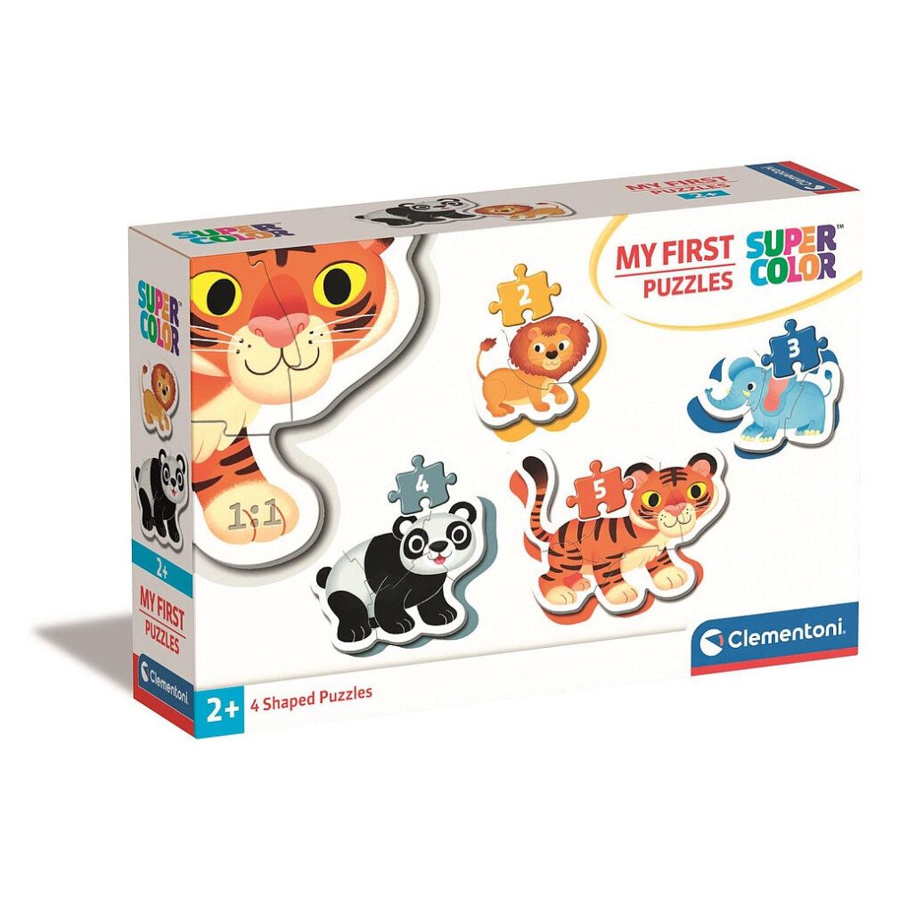 Set di puzzle con immagini di animali. La confezione mostra una faccia di tigre e pezzi di puzzle con leoni, elefanti, panda e tigri. Marchio: Clementoni.