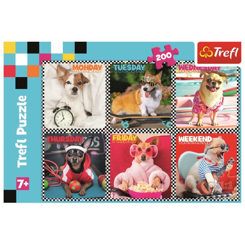 Scatola puzzle con sei cani che rappresentano i giorni della settimana. Il puzzle ha 200 pezzi ed è adatto a bambini dai 7 anni in su.