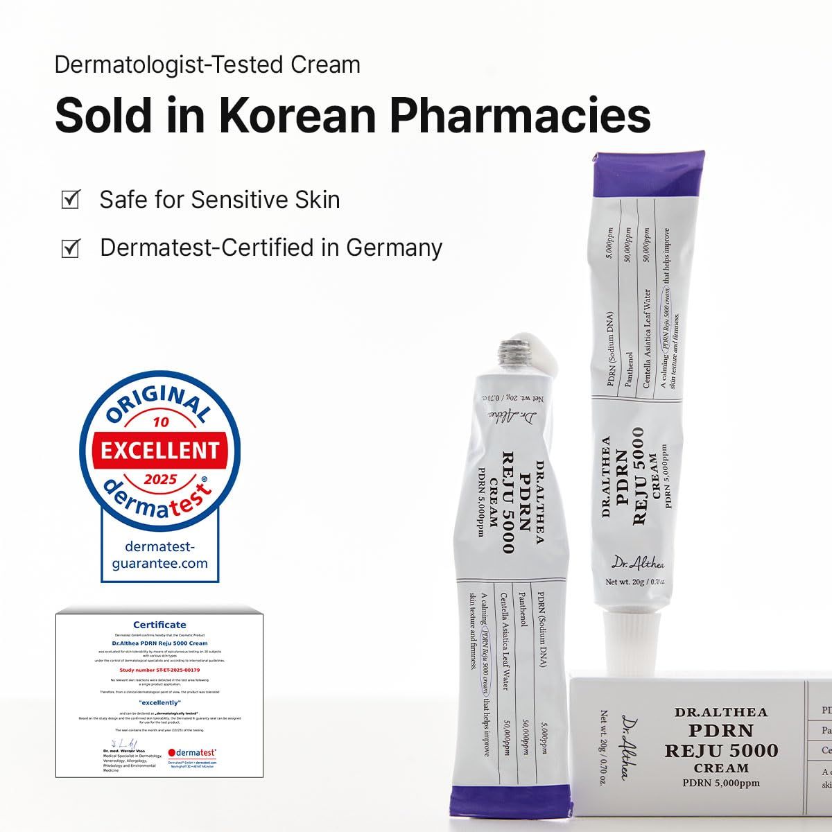 Due tubi di crema. Scritta: Dr. Althea PDRN Reju 5000 Creme. Certificato: Dermatest.