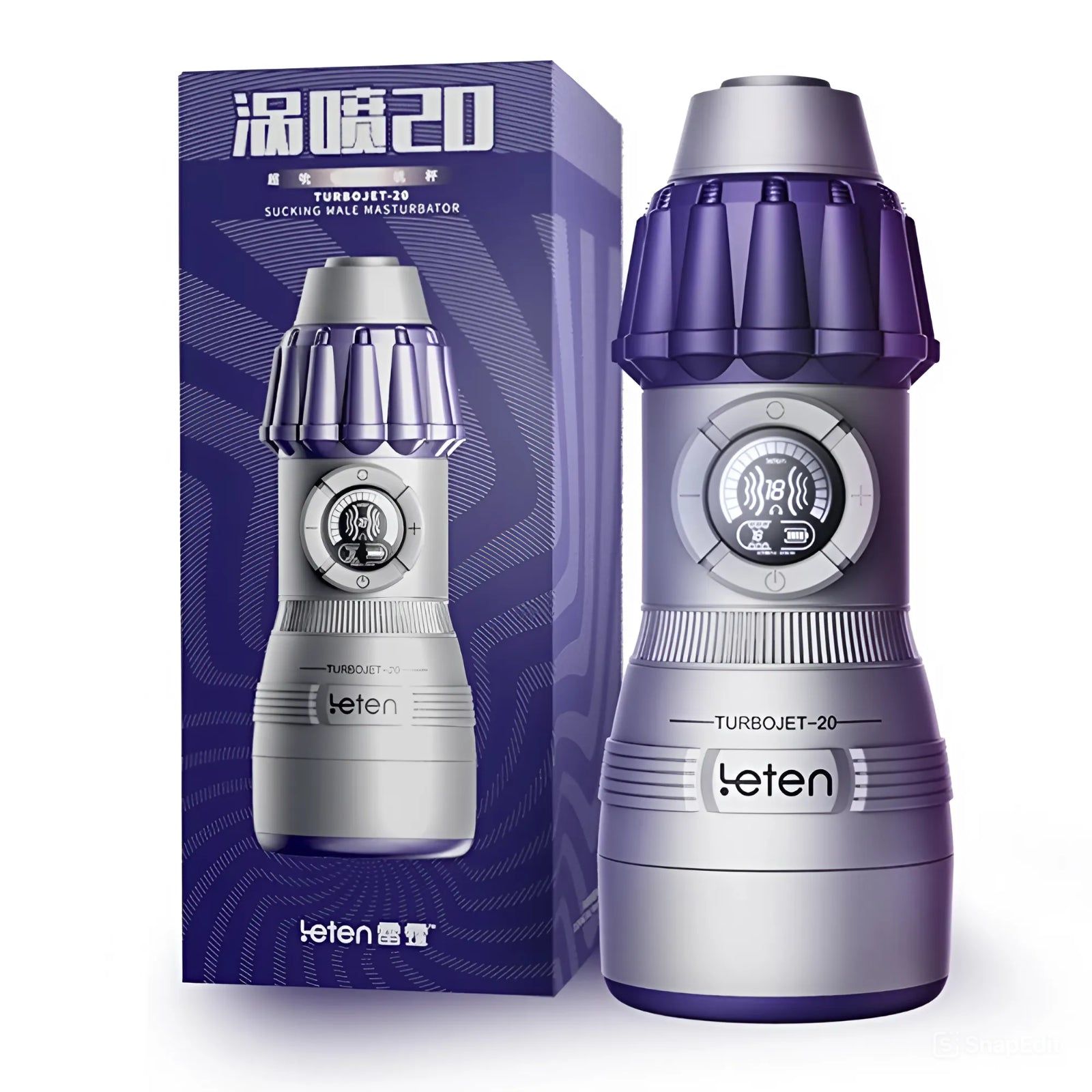 Dispositivo accanto alla confezione. Dispositivo grigio e viola, display. Confezione con testo.