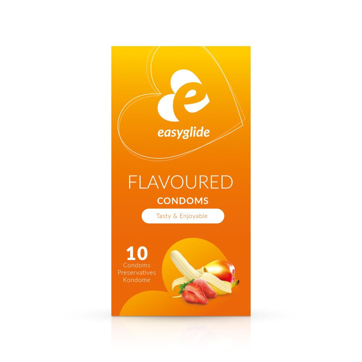 Confezione EasyGlide Preservativi Aromatizzati, 10 pezzi. Gusti fragola, mango e banana.