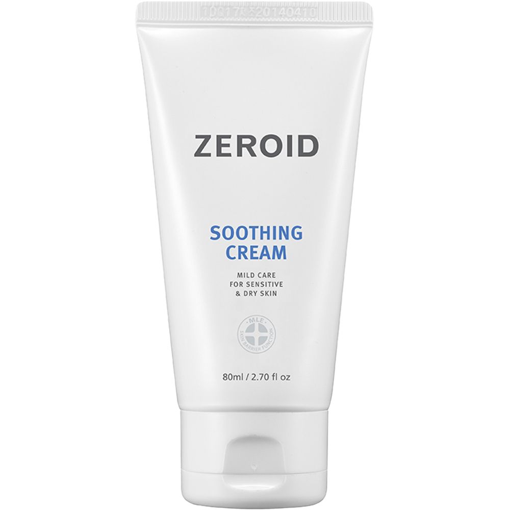 Tubo bianco con scritta blu ZEROID Soothing Cream. 80ml/2.70 fl oz. Per pelli sensibili.