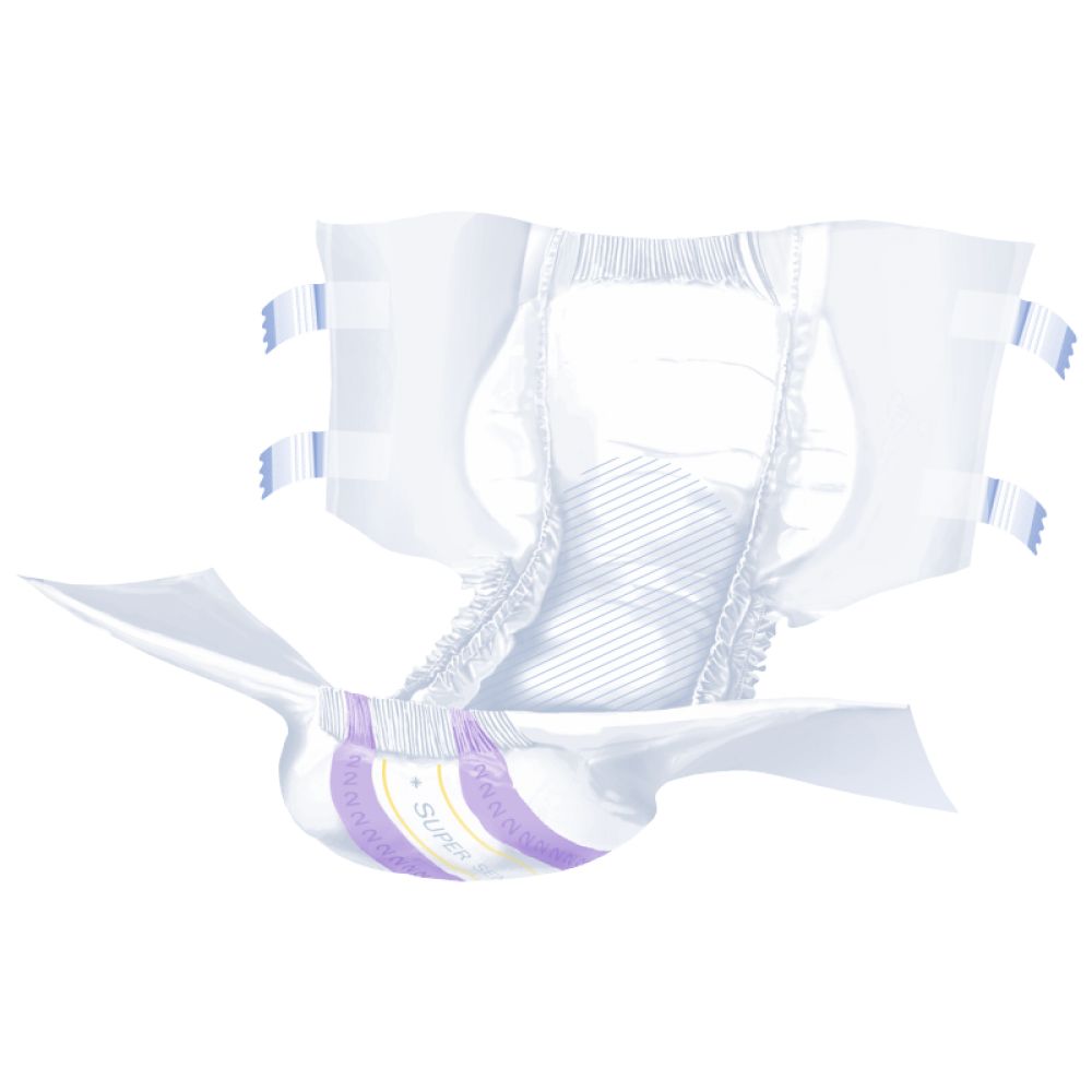 Pannolino per incontinenza con chiusure laterali. Colore bianco, con strisce viola e gialle. Prodotto: Super Seni.