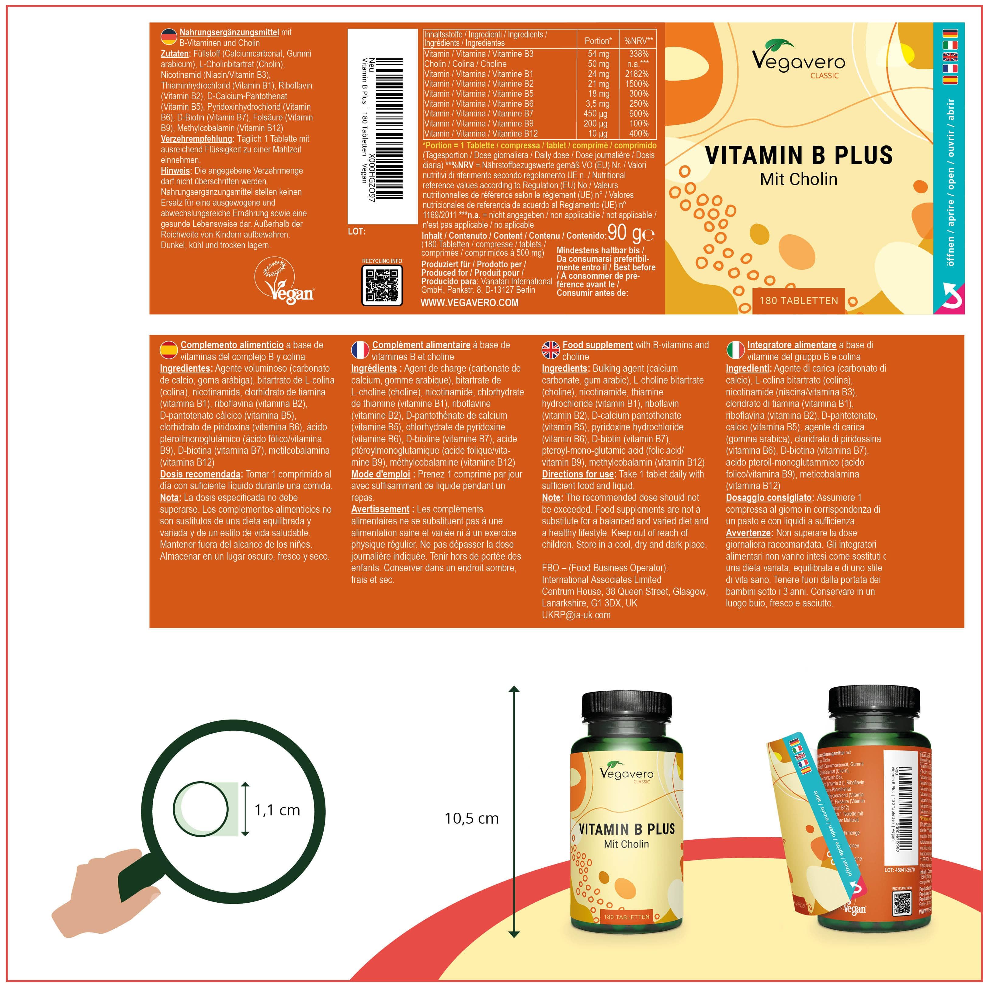 Confezione del prodotto con etichette e flacone. Dimensioni: 10,5 cm di altezza, 1,1 cm di diametro. Testo: VEGAVERO Vitamin B Plus.
