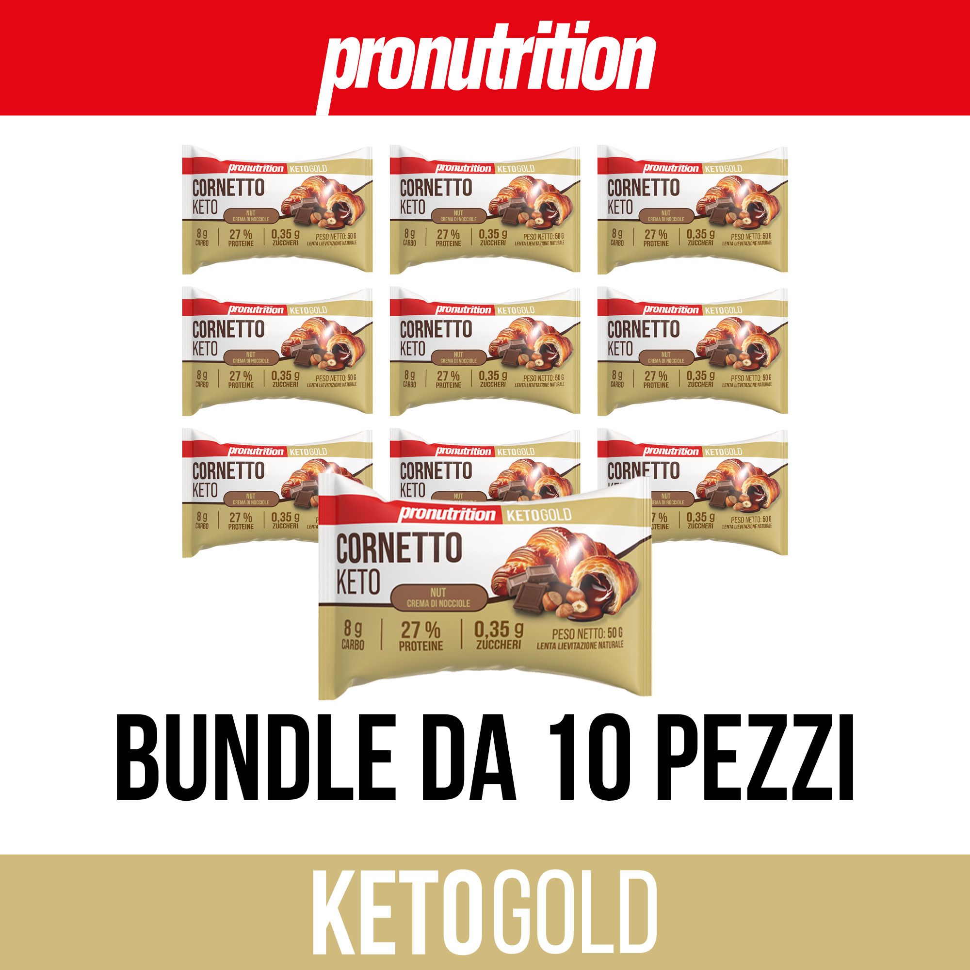 Confezione da 10 Cornetto Keto. Singoli Cornetto confezionati, disposti. Scritta: Bundle da 10 pezzi.