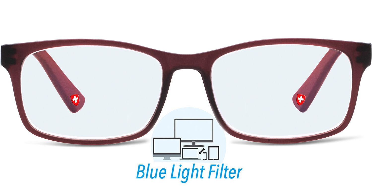 Occhiali bordeaux con lenti rettangolari. Croce svizzera sulle aste. Logo Filtro Luce Blu sotto le lenti.