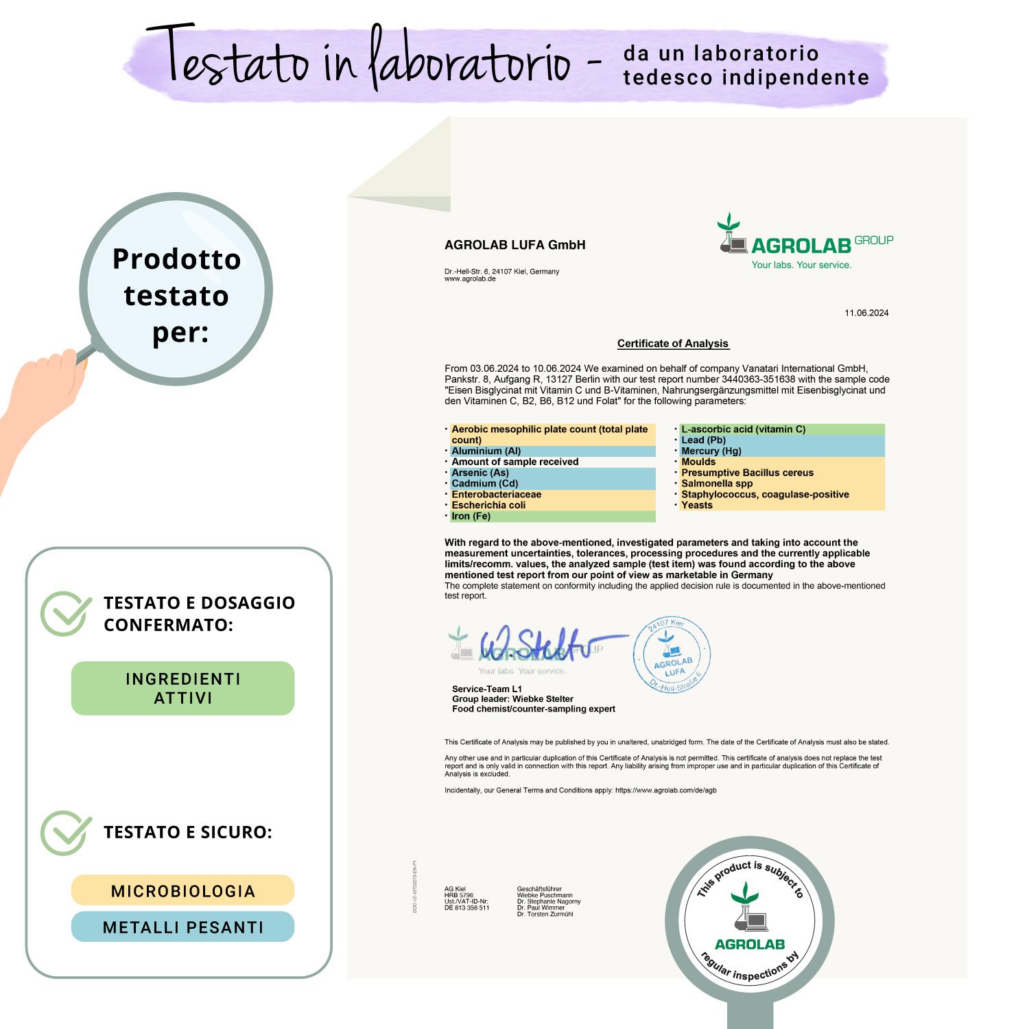Rapporto di laboratorio con risultati dei test. Conferma ingredienti e microbiologia.