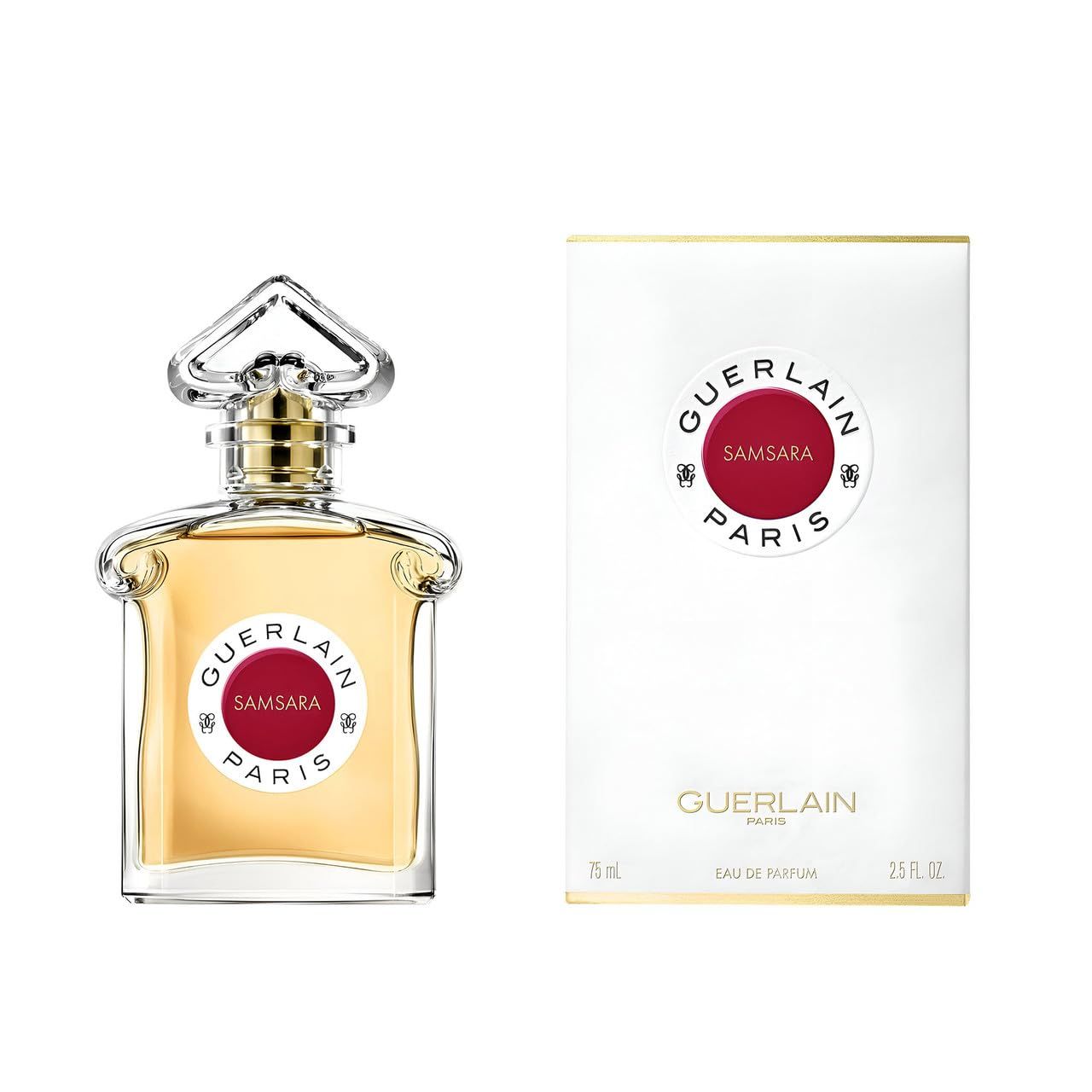 Flacone di profumo e confezione. Flacone con etichetta rossa. Confezione con logo e scritta: Eau de Parfum.