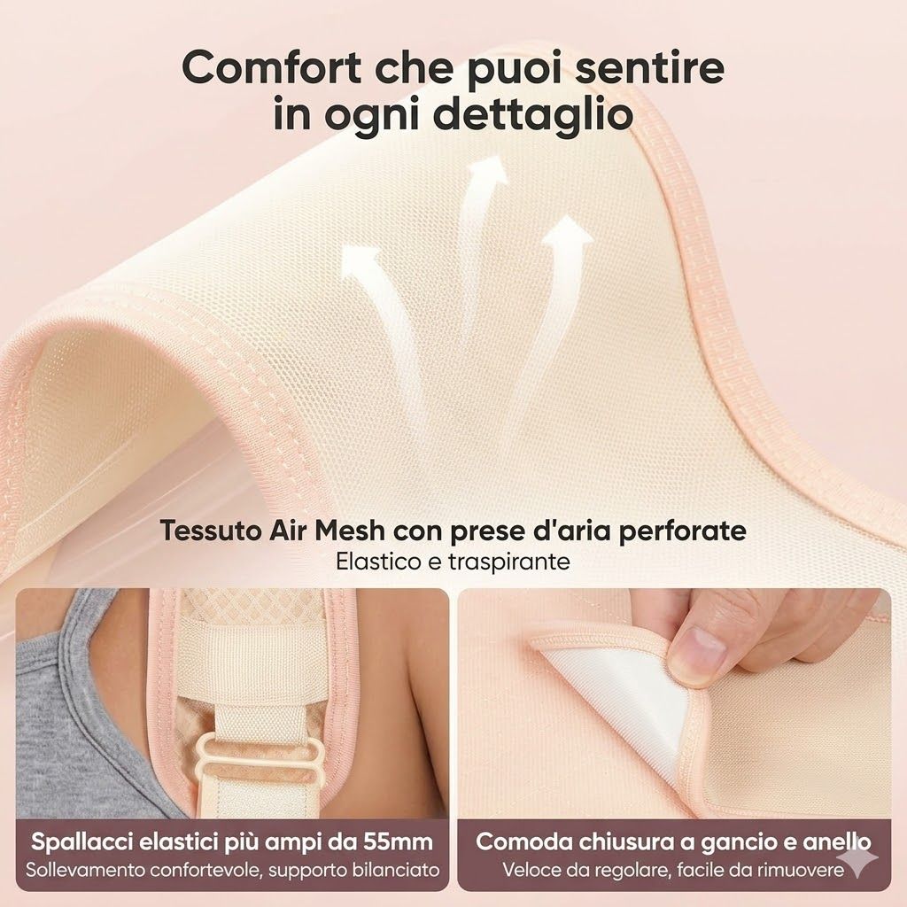 Vista dettagliata del tessuto Air-Mesh traspirante e della chiusura a velcro.