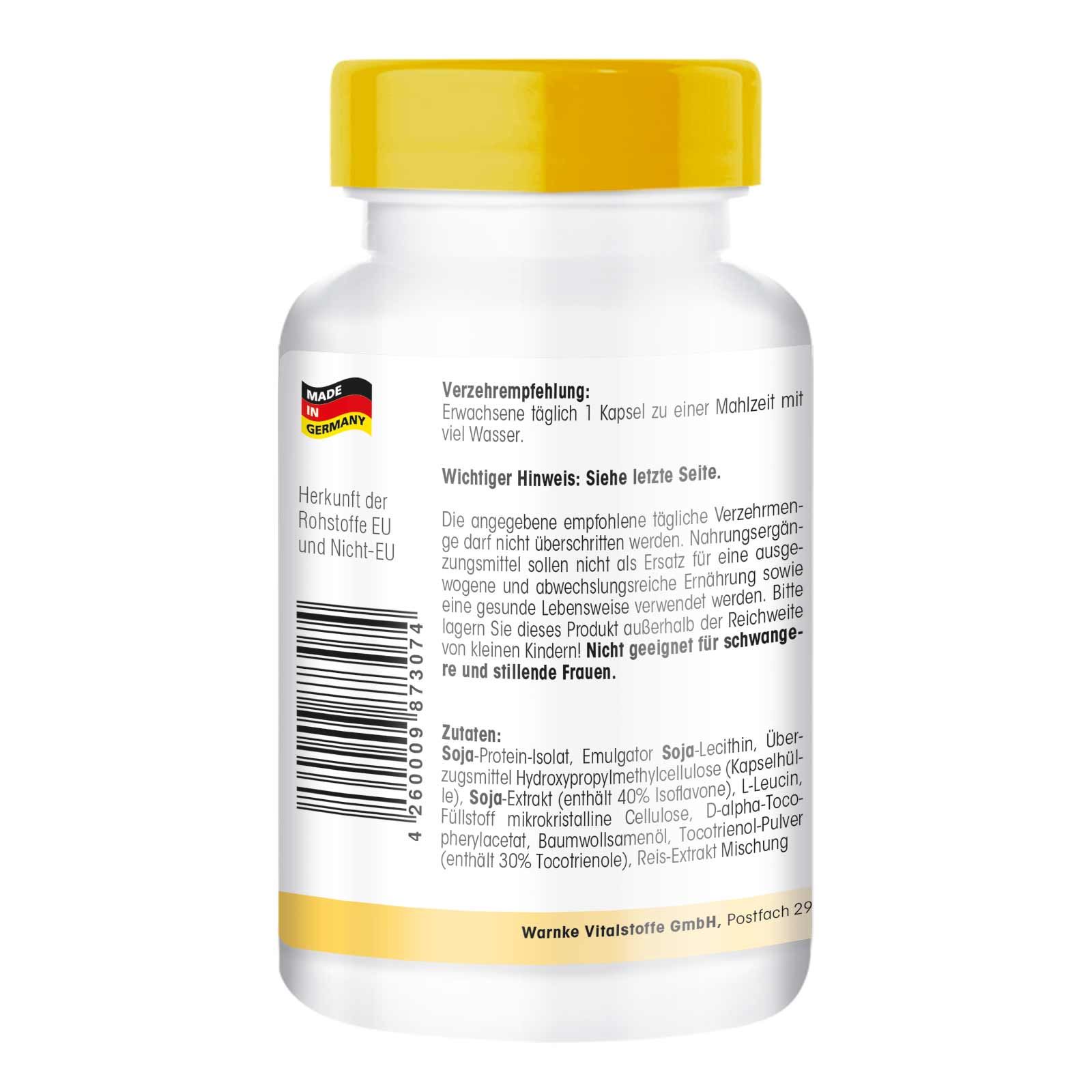 Retro del flacone. Testo: raccomandazioni, informazioni importanti, ingredienti. Origine UE e non UE. Made in Germany.