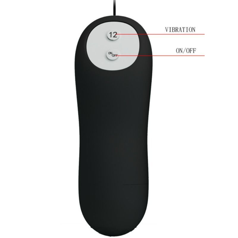 Plug anale in silicone nero e telecomando con 12 velocità, su sfondo bianco.